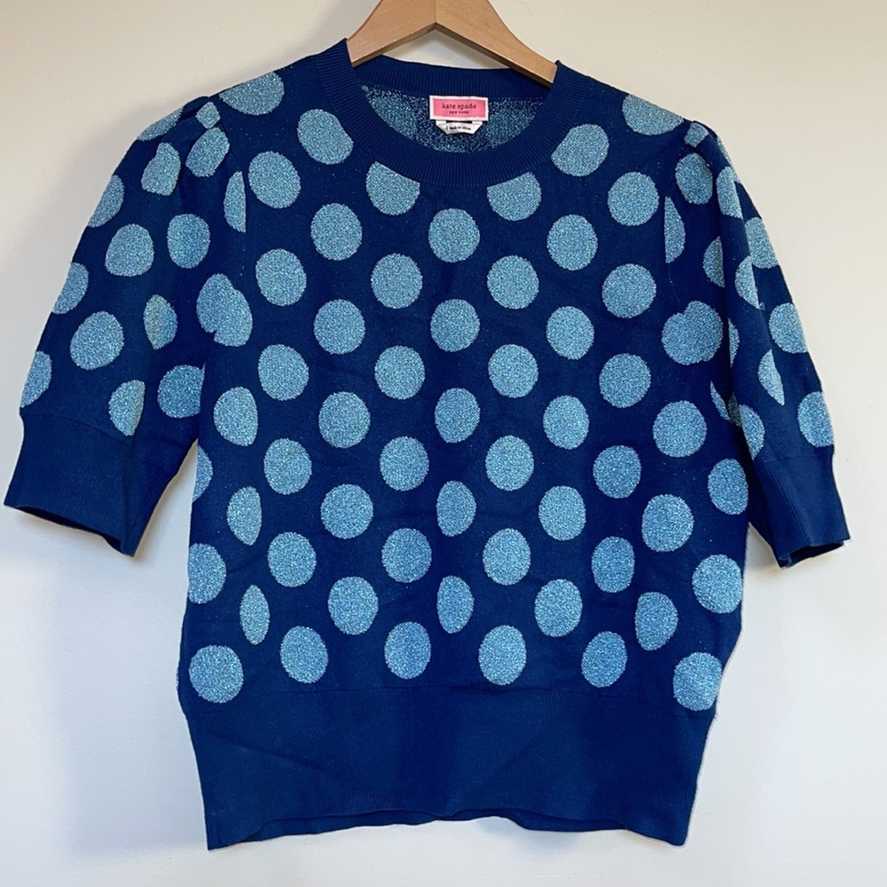 Kate Spade Blue Sea Side Dot Sweater Crew Neck Pull Over Short Sleeve